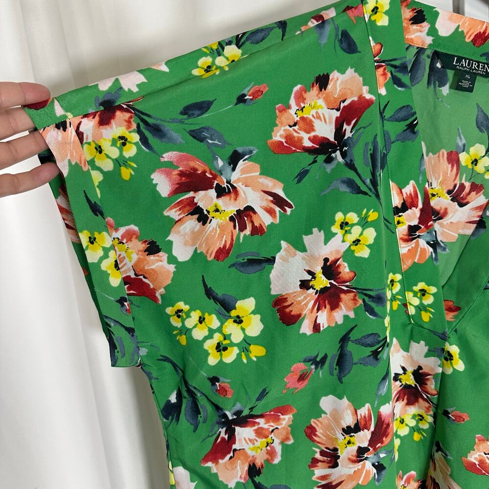 Lauren Ralph Lauren Green Floral V-neck Drop Shoulder Blouse XL Career School - Picture 3 of 10